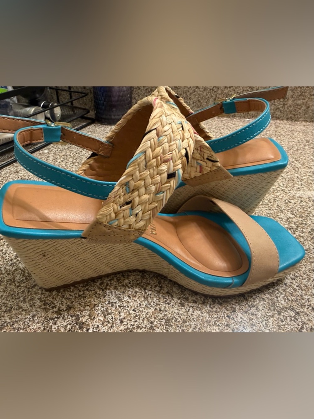 Turquoise and Tan Woven Strap Women’s Sandals